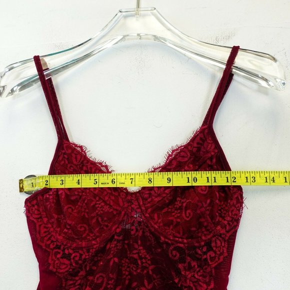POLLY Women's Red Wine One Piece Bodysuit 4 SMALL Floral Strap Bustier Sheer - Picture 9 of 12